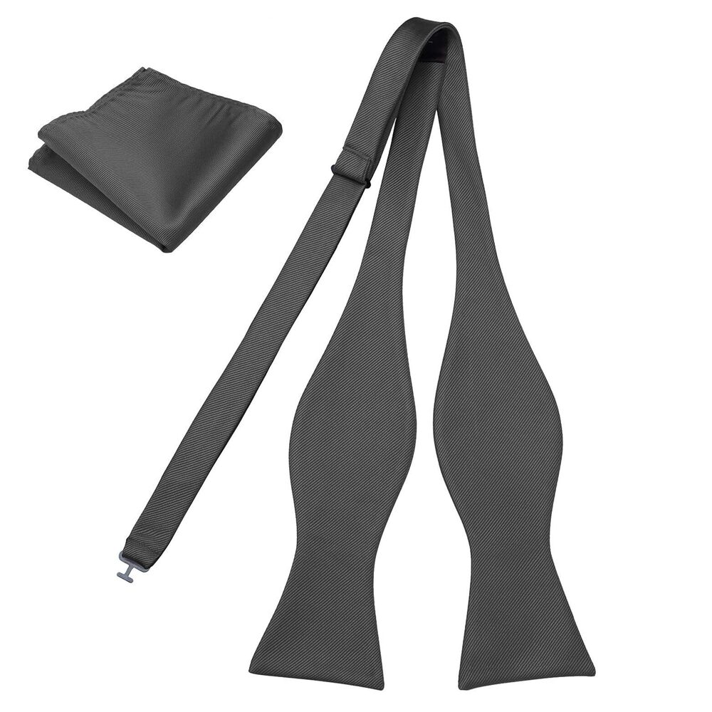 2254 Woven Self Tie Bow Tie and Pocket Square Formal Wear Charcoal Grey Bow